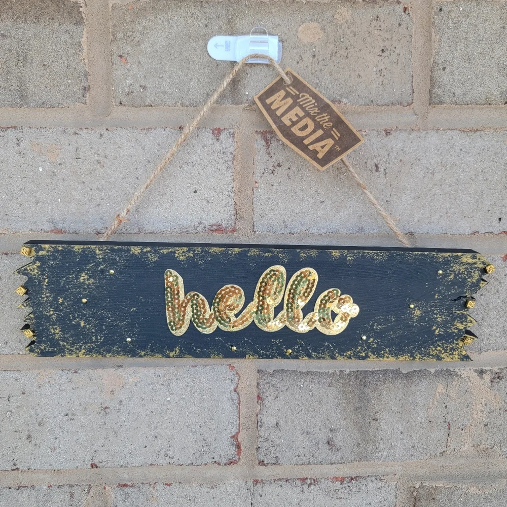 Hello Wooden Gold and black Wall Decor Handmade Farm Sign